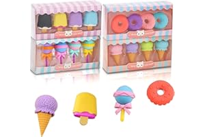 ieron Lot de 16 gommes à effacer 4 styles, mignonnes et charmantes mini gommes fantaisie, sucette, glace, donut, fournitures scolaires, fournitures de bureau, cadeaux d'anniversaire pour enfants