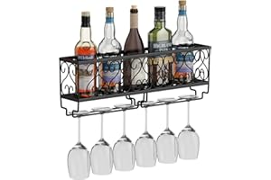 AcornFort® W-621 Metal Black Wall Hanging Mounted Wine Champagne Glass Goblets Stemware Rack Holder, 50 x 10 cm Hold Up To 6 Bottles Wine and 6 Cups Glasses
