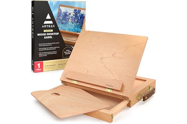Arteza Chevalet en bois avec tiroir et palette | Chevalet de table bois de hêtre | 34 x 26,1 cm | Idéal pour croquis, peintures et dessins | Chevalet peinture acrylique ou aquarelle angle ajustable