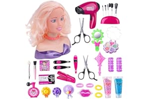 SGZIOO 35PCS Frisierkopf Set, Schminkkopf mit Haartrockner, Schminkpuppe mit Schminke und Haarstyling Zubehör, Haarclips, Haargummis Geeignet für Geburtstags