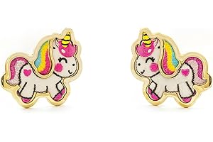 MONDE PETIT Orecchini per bambini unicorno smaltato - oro giallo 9k (375) - Scatola Regalo - Certificato di garanzia