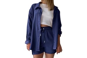 AEGJEGVD Zweiteiler Damen Sommer Musselin Bluse Hemd und Shorts Clothes Aesthetic Zweiteiler Lounge Set Strand Outfit Set Two Piece Set Women Große Größe