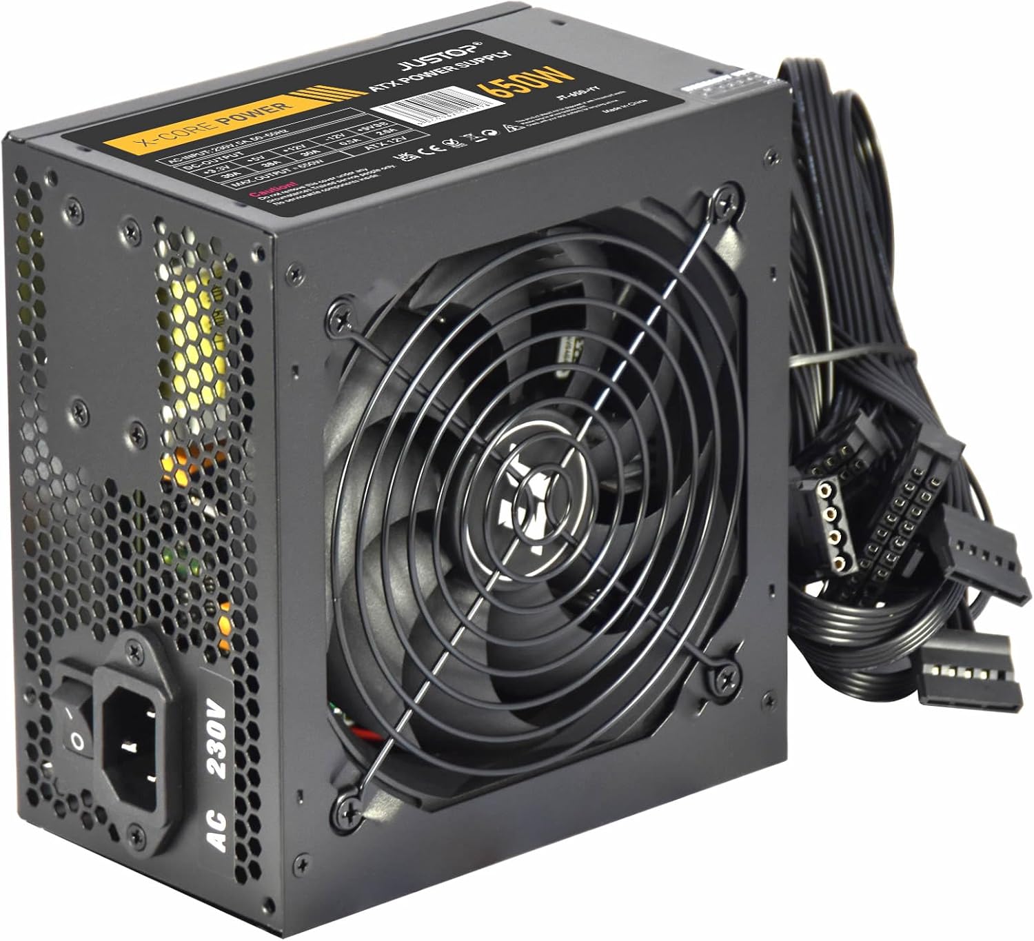 JUSTOP Black 650W PSU, ATX Switching Power Supply, Computer Desktop PC, With 120mm Fan, 8-Pin 12V, 6+2 Pin PCI-E, 6x SATA (650W)