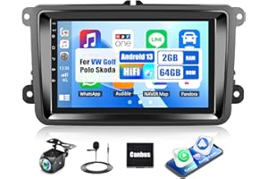 2G+64G CAMECHO Android Autoradio para VW Golf 5 Golf 6 Polo Skoda Seat con 7 Pulgadas Pantalla Táctil, Radio 2 DIN mit Navi/Bluetooth/Wireless Carplay Android Auto/HiFi/FM RDS/WiFi+Camara Trasera