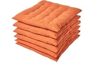 ‎HOMESCAPES Homescapes 6er Set Stuhlkissen 40 x 40 cm, Terracotta-orange, Sitzkissen mit Bändern und Knopfverschluss, einfarbige Auflagen für Stühle mit Bezug aus 100% Baumwolle und weicher Polyester-Füllung