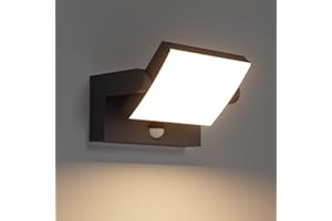 Klighten Lampa ścienna LED, 24 W, czujnik ruchu, IP65, lampa ścienna do wnętrz, na zewnątrz, panel obrotowy, lampa zewnętrzna do ogrodu, na taras, czarna, 1500 lumenów, ciepła biel 3000 K