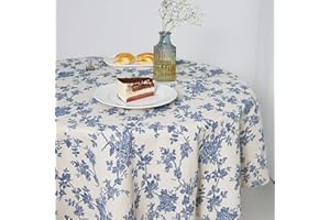 Wracra Azul Floral Pastoral Mantel Algodón Lino Vintage Mantel Redondo 140cm Interior Exterior Cubierta de Mesa Adecuado para Fiesta, Picnic, Comedor, Jardín