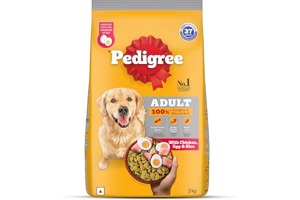 Pedigree Adult Dry Dog Food, Chicken, Egg & Rice, 3 kg, Contains 37 Essential Nutrients, 100% Complete & Balanced Food for Adult Dogs