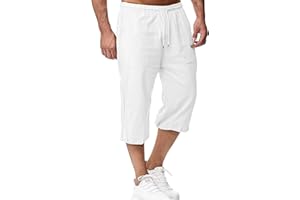 LVCBL Short en Lin pour Homme, Longueur 3/4, Pantalon d'été, pour la Plage, Le Yoga, Le Jogging, Décontracté