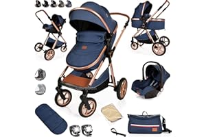 LIBREBON Baby Buggy Pram Pushchair Stroller 3 in 1 Child Lightweight Folding Stroller 3 in 1 Travel System Pram for Newborns & Toddlerss from Birth (Blue Gold)