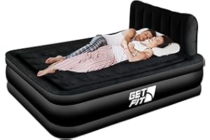 Get Fit Air Bed With Built In Electric Pump - Premium Double Airbed - Quick Blow Up Bed With Headboard & 2 Free Inflatable Pillows - Elevated Inflatable Air Mattress For Outdoor, Camping - Black Mono