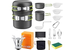 Aischens Kit de Casseroles et Poëles Camping Portable, Set Ustensiles de Cuisine de Camping en Aluminium, avec Couverts Pliables, Mini Réchaud de Camping Portable pour Camping, Randonnée, BBQ