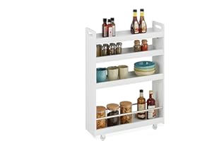 Relaxdays Nischenwagen, 4 Ablagen, schmales Nischenregal Küche & Bad, HBT: 83,5 x 18 x 59,5 cm, Rollwagen MDF, weiß