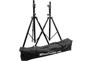 BOOMTONEDJ BoomTone DJ SV-200 II Double support d'enceintes métal Noir. Pieds d'enceintes pliables. Hauteur réglable 100 à 160cm. Charge maxi 30kg. Embase 35mm. Goupille de sécurité. Housse de transport fournie.