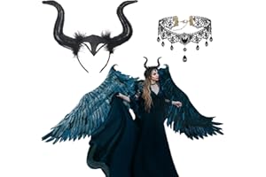 HAMOOM Costume Malefica Corna di Halloween, Fascia con Corno da Demone, Copricapo Corna Regina, con Nera Collana Girocollo in Pizzo, per Accessori Diavolo Donna, Cerchietti Halloween (Nero)
