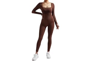 DOULAFASS Nahtloser Gerippter Langarm Jumpsuit Damen Eng Square Neck Bauch Weg Full Body Einteiler Yoga Sport Body Romper