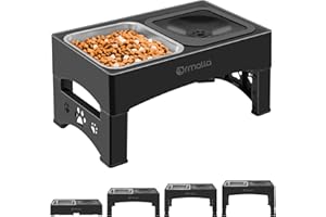Ormalla Raised Dog Bowl with Leak-Proof Water Bowl, Raised Stainless Steel Dog Food Bowl for Large, Medium and Small Dogs, Non-Slip Foldable Dog Bowl Stand, 4 Heights - Black