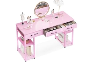 ODK Schreibtisch mit Schubladen und Regal, Schminktisch ohne Spiegel, Computertisch PC Tisch für Heimbüro, Schlafzimmer und Wohnzimmer, Frisiertisch mit 2 Stoffschubladen (120x40,Rosa)