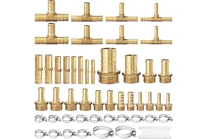 JOSATON Brass Hose Barb Fittings 1/8" 3/16" 1/4" 5/16" 3/8" 1/2" 3/4'' 1'' Barb x Male BSP Hose Connector Barb Straight Splicer Tee 3 Way Fittings with Hose Clamp for Water Fuel