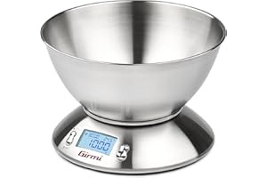 Girmi PS85 Bilancia Elettronica da Cucina,1 g/5 kg, Grande ciotola 2 L, Corpo e Ciotola Inox, Display retroilluminato, Funzione TARA, Timer