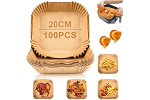 AUEZONA Air Fryer Feuilles de Papier 20cm, 100 Pièces Papier Cuisson Air Fryer Carré Jetable, Air Fryer Papier Cuisson Liner, Air Fryer Parchment Paper Étanche Antiadhésive pour 5,5 L Air Fryer