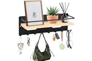 DAELESR Porte-clés Mural Magnétique avec 8 Crochets, Porte Clef Mural avec Étagère de Rangement, Étagère Murale en Bois sans Percage, Accroche Clef Métal Décoratif pour Entrées, Couloirs, Salon, Cuisine