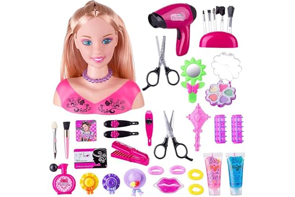 GOXAEEE Tete a Coiffer, 35pcs Tête à Coiffer et Maquiller Jeu de Jouets, Jouet Fille pour 1-9 Ans,Poupée Styling Head Hairdressing (Rose)