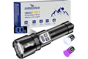 Shadowhawk Torcia LED Potente Professional 2-in-1 UV Doppio Interruttore | 1,000,000 Lumen (Bianca) Ultraluminosa con Luce UV per Campeggio/Trekking/Ispezione, Dimmerazione senza Gradi, Uso Comodo