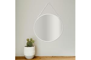 GreyZouq Metal Round Mirror 25 cm, Wall Mirror with Hanging Chain and Metal Framed, Round Wall Mirror for Bathroom, Bedroom, Hallway and Living Room (White)
