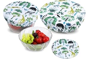 PHOGARY 3 Reusable Food Covers, Stretched Bowl Cover Lids, Fabric Elastic Lids, Fits Various Sizes Glass Container, Durable, Non-Stick Storage Covers for Keeping Food Fresh (Jungle)