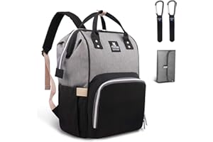 Hafmall Sac à Dos à Langer Imperméable à L'eau Sac de Bébé Voyage,Sac à langer Stylé de Grande Capacité avec Tapis à Langer et Crochets de Poussette (Noir Gris)