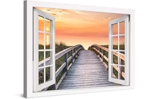 PICANOVA – Cuadro sobre Lienzo Wooden Path to The Sea Window 120x80cm – Impresión En Lienzo Montado sobre Marco De Madera (2cm) – Disponible En Varios Tamaños – Colección Playas