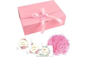 EGEKTBH Gift Box with Ribbon, Present Boxes with Lids, Greeting Card, Shredded Paper, Gift Packaging Decorative Box, Presentation Boxes for Halloween, Christmas, with Shredded Paper, Cards (Pink-26.5x19x8cm)