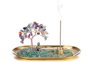 ‎GEHECRST GEHECRST Räucherstäbchen Halter 7 Chakra Edekstein Lebensbaum Deko mit Buddha Figur Geldbaum Glücksbringer Feng Shui Dekoration für Reichtum Glück Gesundheit (7 Chakra)