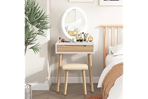 YOURLITE Makeup Vanity Dressing Table Mirror Cosmetic Vanity Dressing Cabinet with Stool Dresser with LED Mirror, Wood Color, 1 Drawer