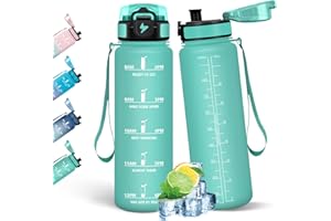 HoneyHolly Botella Agua, 1L, Marcador de Tiempo, Cantimplora, Libre de BPA, Portátil, Botella Agua Gimnasio, A Prueba de Fugas, Cantimplora para Gimnasio, Ciclismo, Oficina y Exteriores