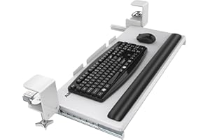 AboveTEK Duża taca na klawiaturę, pod biurko z podpórką pod nadgarstek, ergonomiczny stojak na klawiaturę komputerową z solidnym systemem mocowania zaciskowego C, wysuwana szuflada, klawiatura, uchwyt