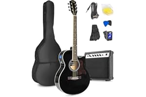 Max Showkit - Guitare Électro-Acoustique Adulte - Noire, Cordes en Acier, Amplificateur Intégré 40W, Livré avec un Sac de Transport et une Sangle, pour Musiciens Débutants