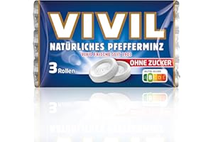 ‎VIVIL VIVIL Rollen Natürliches Pfefferminz ohne Zucker, 3er Pack, frische Pastillen mit Pfefferminzgeschmack, zuckerfrei & vegan, 3 x 28g