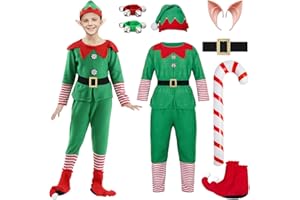 HarnyLoom Costume Lutin Femme Homme Deguisement Elfe Noel Enfant Robe Vert Rouge Elfe Chaussettes Oreilles d'elfe Ceinture Adulte Garçon Fille Cosplay