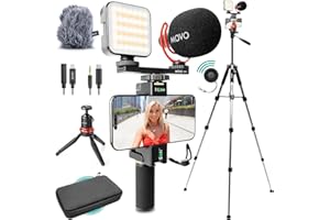 Movo iVlogger-PRO Vlogging-Kit mit Vollständigem Stativ für iPhone/Android – YouTube-Starter-Kit für Content Creator – Zubehör: Handy-Stativ, Handy-Halterung, RGB-Licht und VXR10 Richtmikrofon
