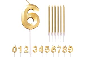 HONGCI Gold 6th Birthday Candle Number 6 Candle for Birthday Cake with Long Candles, Age 6 Birthday Candle for Cake, 6 Year Birthday Cake Topper Decorations for Girl Boy Birthday Anniversary Gold