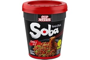 ‎SOBA Nissin Cup Noodles Soba Cup – Chili, 1er Pack, Wok Style Instant-Nudeln japanischer Art, mit Chili-Sauce, -Schoten & Gemüse, schnell im Becher zubereitet, asiatisches Essen (92 g)