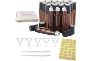 BOYIGOG 20 Stück Roll-on Glasflaschen Klein 10ml, Braune Roll On Flasche Leer mit Edelstahl-Roller Ball mit 1 Aufkleber + 2 Spritzen + 5 Trichter