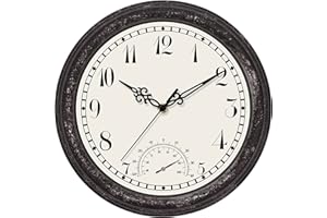 Foxtop Indoor Outdoor Clocks, Waterproof Wall Clock with Thermometer, 12 inch Retro Silent Non-Ticking Battery Operated Quartz Round Clock for Patio Pool Bathroom Home