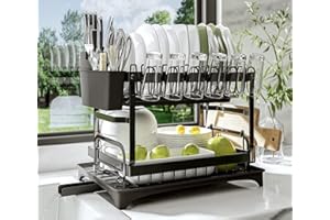 AISEY Dish Rack for Kitchen Counter, Dish Drying Racks with Drainboard 2 Tier, Dish Drainer Rack and Utensil Holder