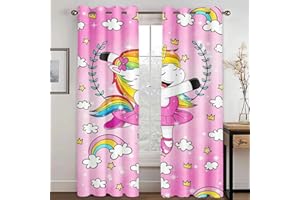 WEQEER Rideaux opaques - Rideau occultant - Motif licorne - Dessin animé - Cheval rose - Rideau de fenêtre pour chambre d'enfant - Motif arc-en-ciel - Nuages - 6,100 x 140 cm (2 x 50 x 140 cm)