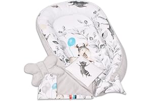 PaLulli 5 Parties Ensemble équipement bébé, nid Douillet, nid bébé 95x55cm, Matelas bébé Amovible, Couverture Douillette, Oreiller Plat, Oreiller Cervical, 100% Coton Oeko TEX (Lapin)