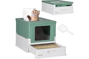 PawHut Lettiera per Gatti Chiusa in PP con Paletta Inclusa, Design Pieghevole, Cassetta Igienica per Gatto con Vassoio Estraibile e 2 Porte, 47.5x35.5x36.7 cm, Verde