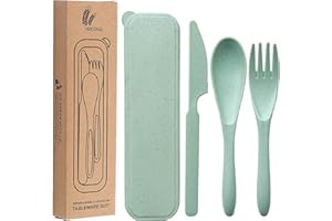 KWQINX Reusable Cutlery Set with Box Travel Cutlery Set Portable Cutlery Set with case Plastic Cutlery Set Reusable Suitable for Picnic School Office or Daily use Lunch Box Cutlery Set (Milk Green Tea)